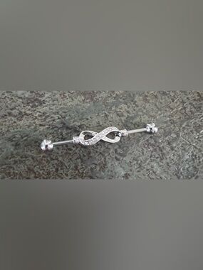 Silver Infinity Link Industrial Bar with Crystal Accents
